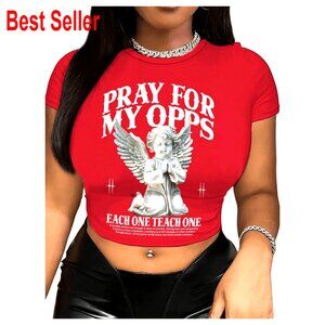 Y2K Vintage Graphic Crop Tee Soft Stretch Crew Neck Short Sleeve Casual Top